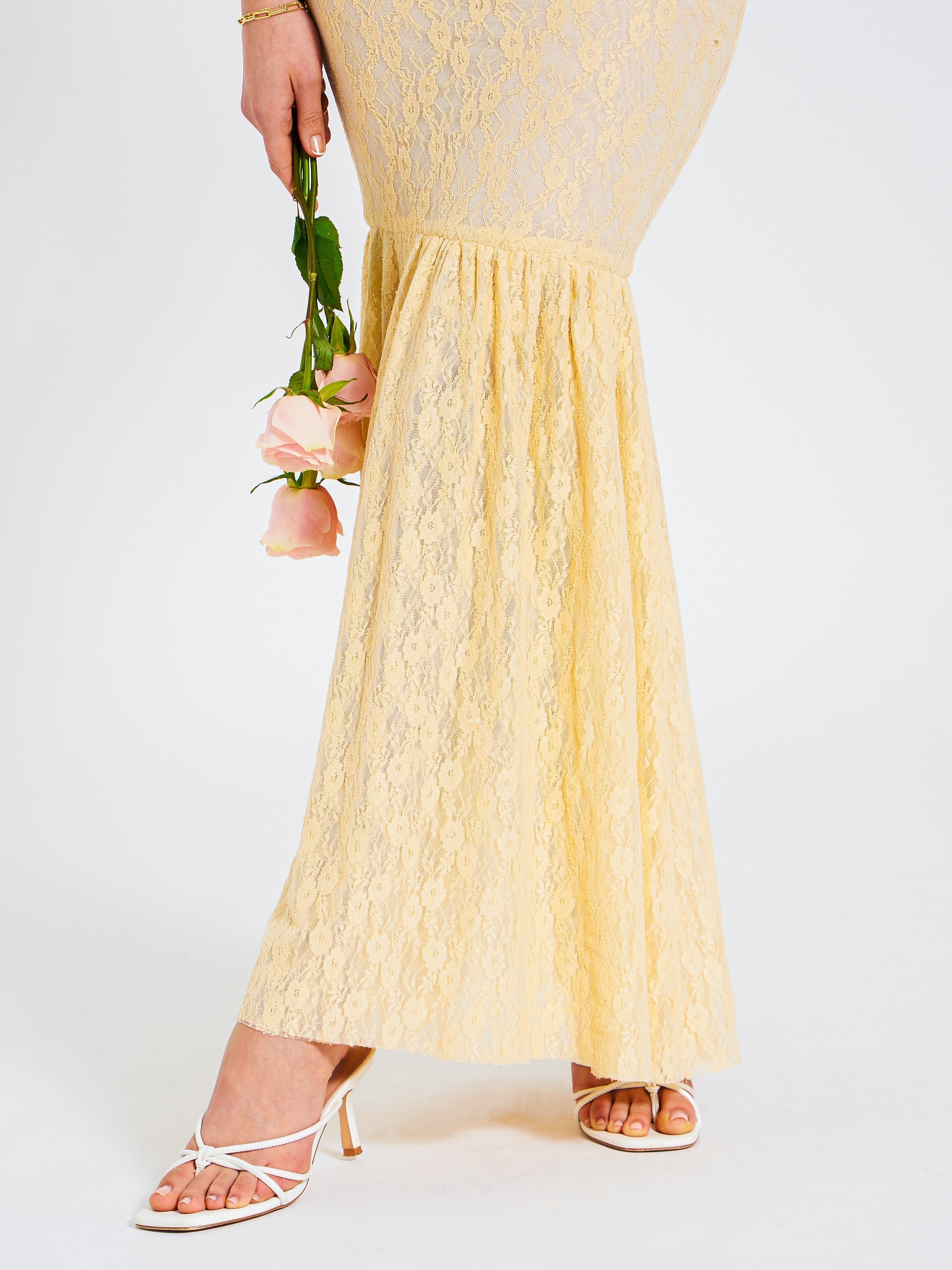Ersilia Pale Yellow Satin Lace Trendy Peplum Corset Off Shoulder Maxi Dress Dresses