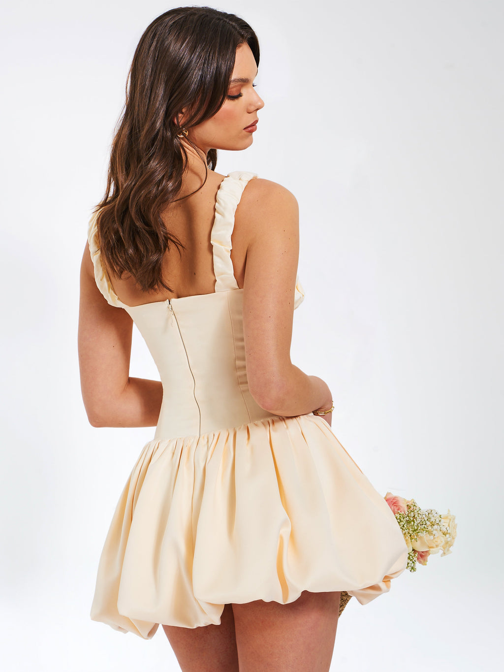 Aubrey Egg White Satin Graceful Bubble Hem Mini Dress Dresses