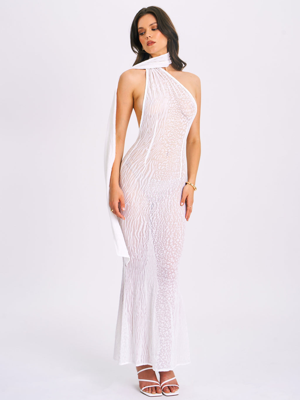 Olena White Burnout Velvet Animal Trendy Print Mesh Halter Neck Maxi Dress Dresses