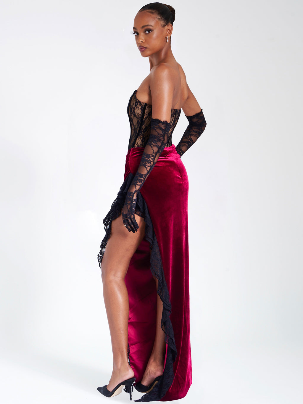 Gaia Burgundy Lace Velvet Graceful Corset Side Slit Dress Dresses