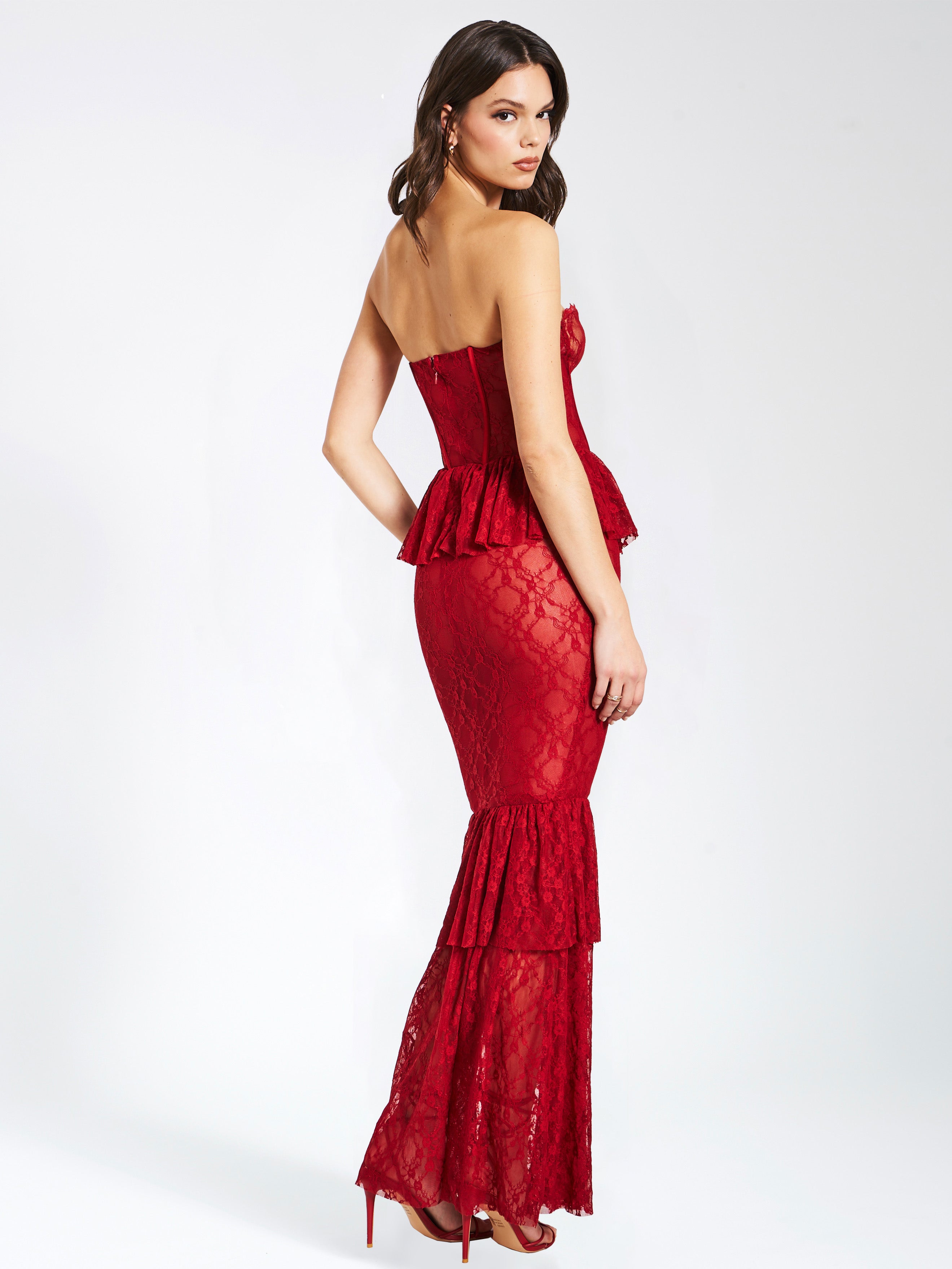 Quennell Burgundy Lace Charming Corset Maxi Dress M / US 6 8 Dresses