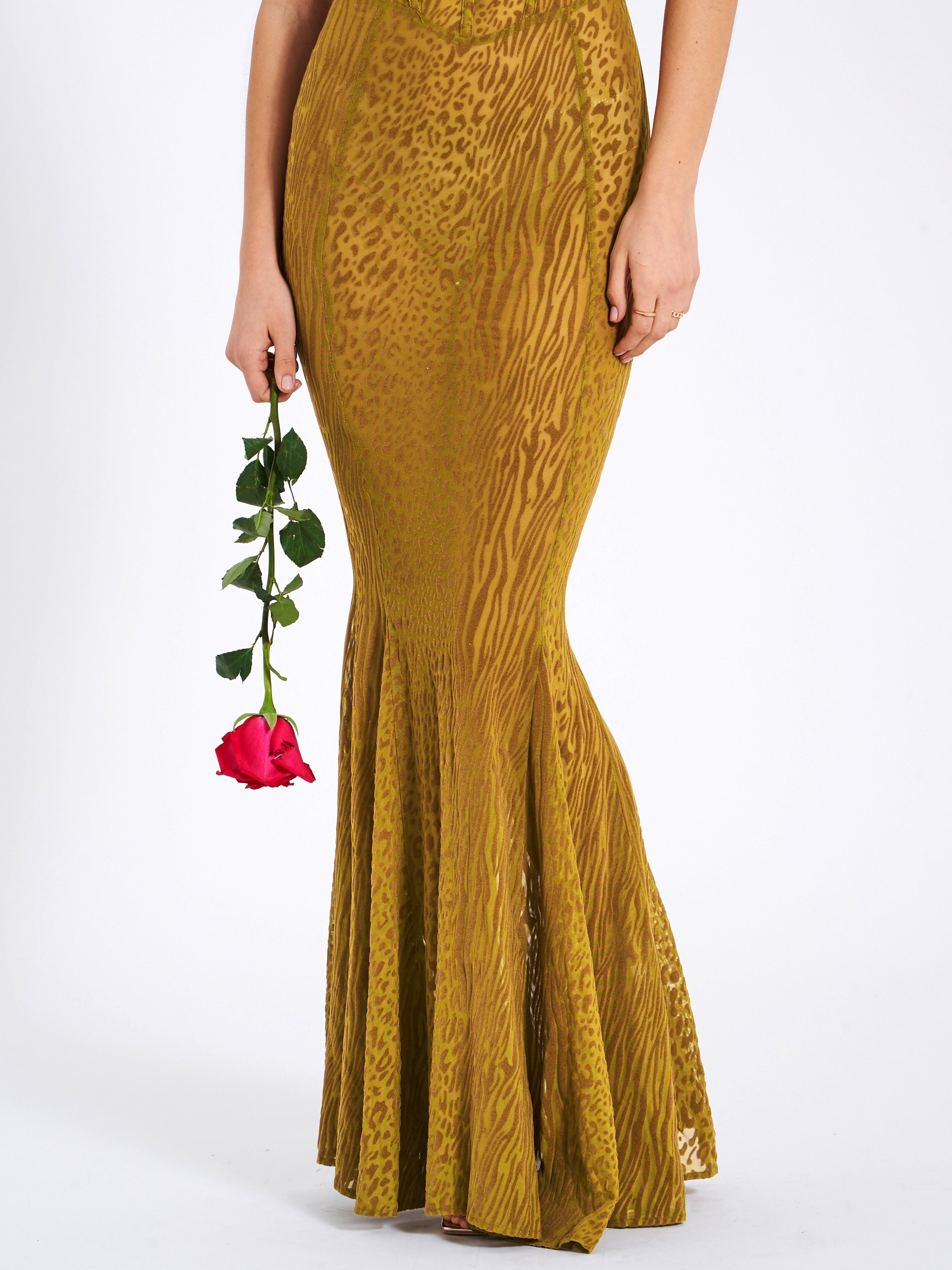 Ulani Gold Burnout Velvet Graceful Detail Mesh Maxi Dress Dresses