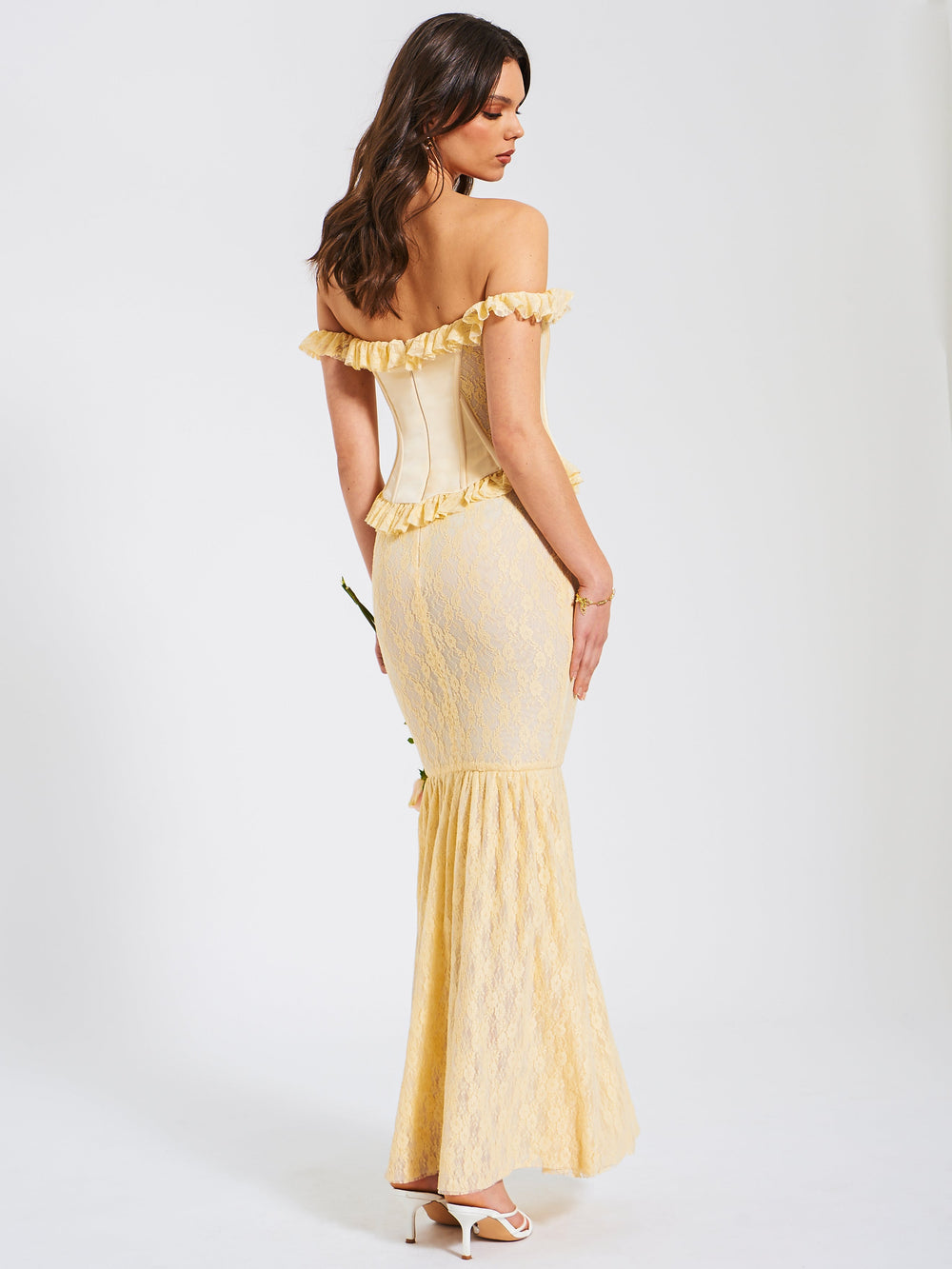 Ersilia Pale Yellow Satin Lace Trendy Peplum Corset Off Shoulder Maxi Dress XL / US 12 14 Dresses