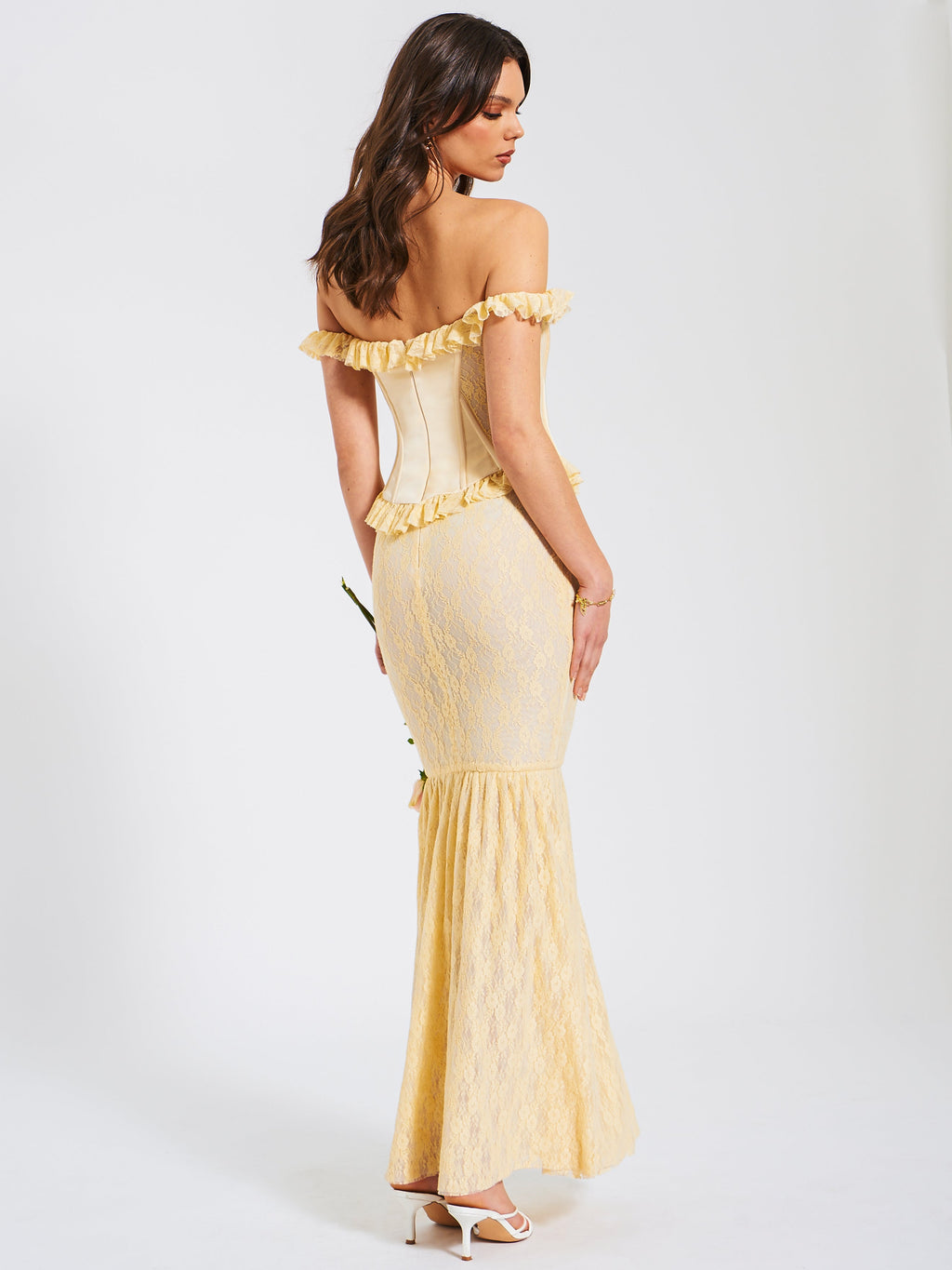 Ersilia Pale Yellow Satin Lace Trendy Peplum Corset Off Shoulder Maxi Dress XL / US 12 14 Dresses
