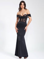 Callista Black Satin Charming Lace Corset Maxi Dress XXS / US Dresses