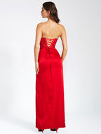 Kadesha Red Crystal High Graceful Slit Satin Corset Gown Dresses
