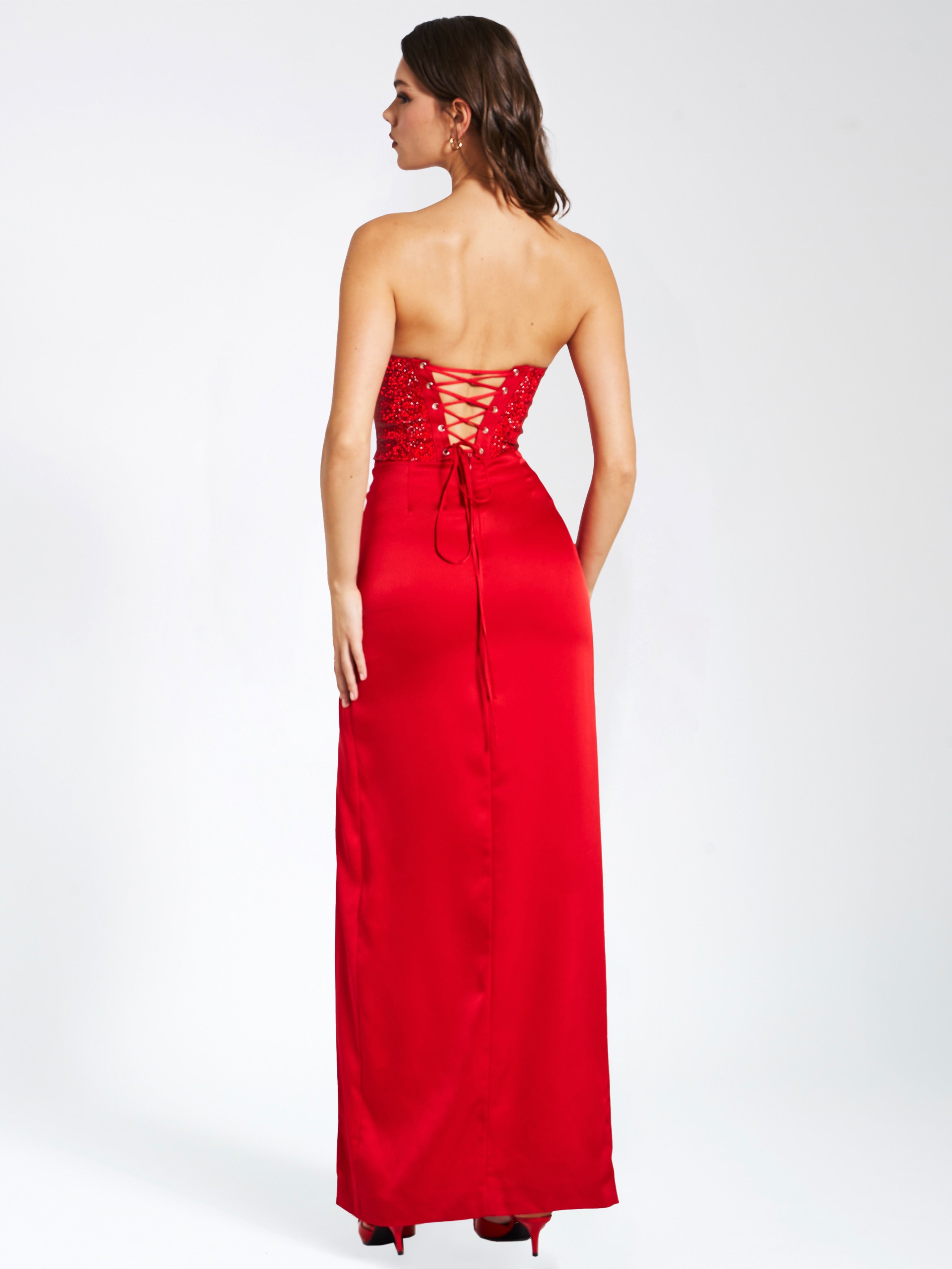 Kadesha Red Crystal High Graceful Slit Satin Corset Gown Dresses