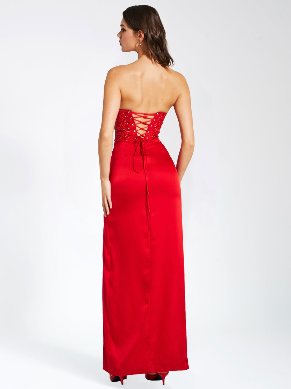 Kadesha Red Crystal High Graceful Slit Satin Corset Gown Dresses