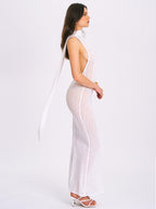 Olena White Burnout Velvet Animal Trendy Print Mesh Halter Neck Maxi Dress Dresses