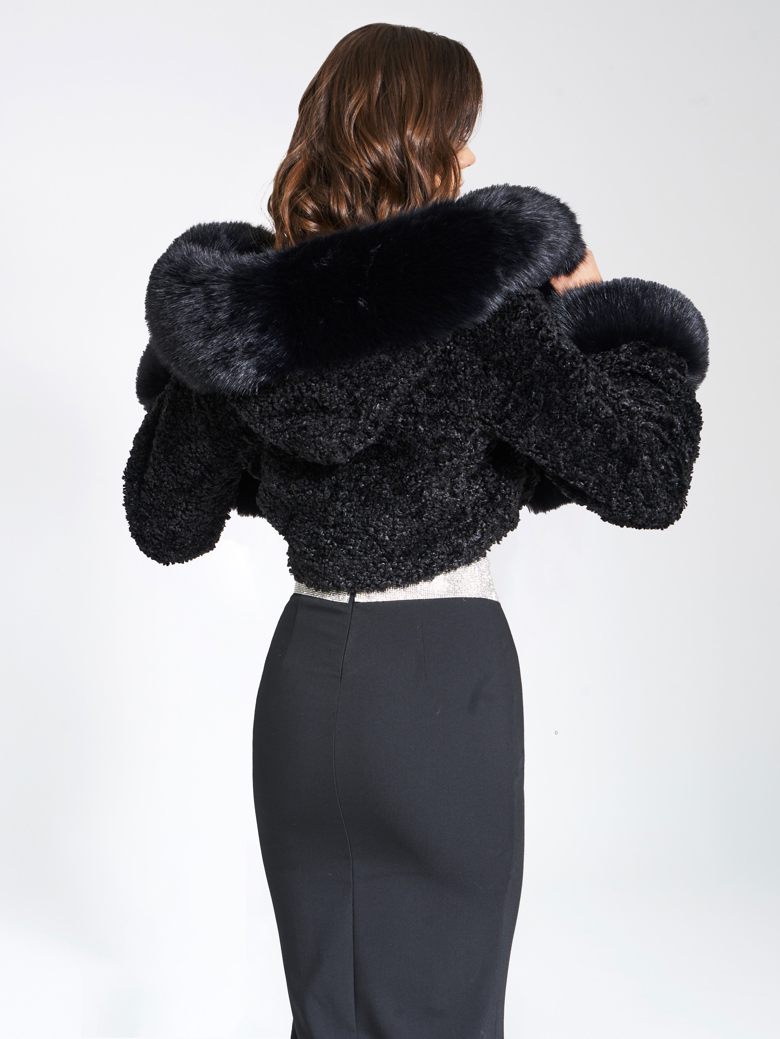 Kali Black Cropped Faux Graceful Fur Jacket With Hood M / US 6 8 Outwear
