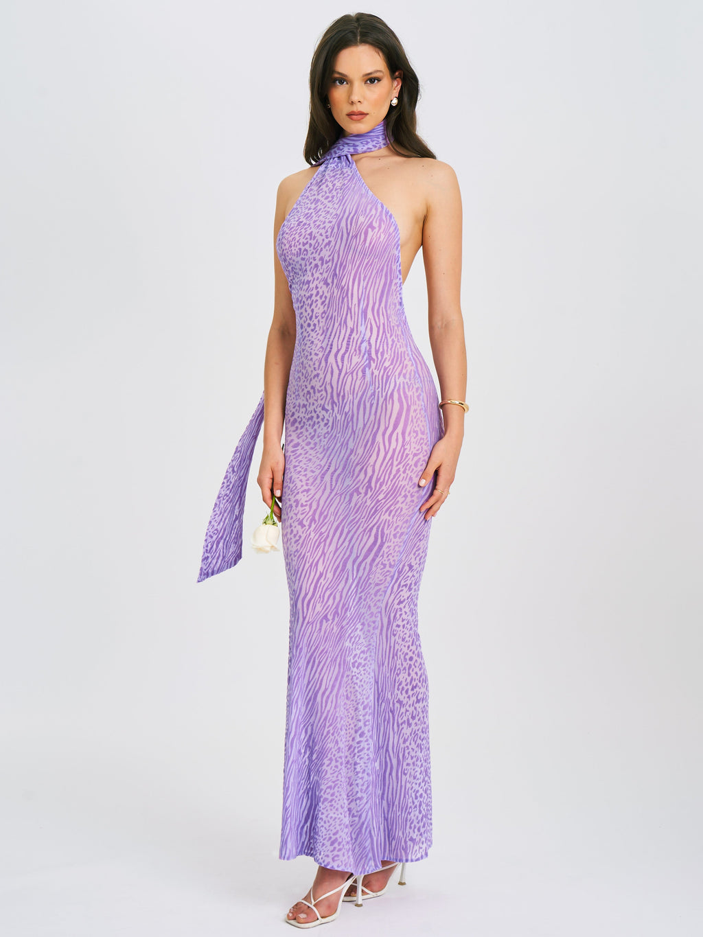 Olena Purple Burnout Velvet Animal Trendy Print Mesh Halter Neck Maxi Dress Dresses