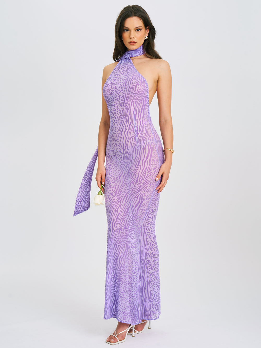Olena Purple Burnout Velvet Animal Trendy Print Mesh Halter Neck Maxi Dress Dresses