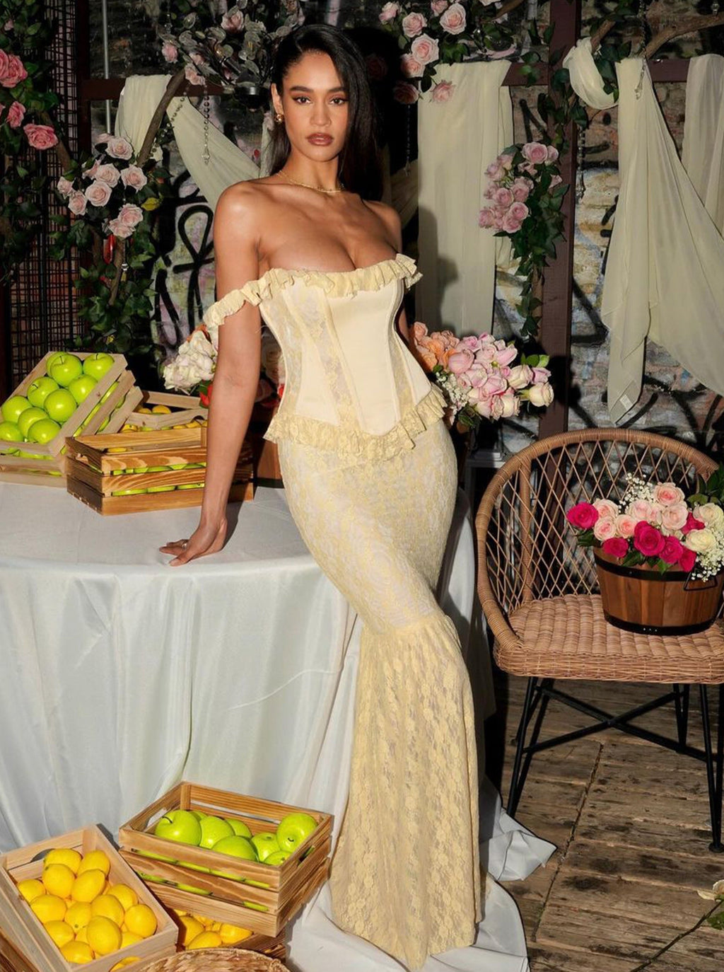 Ersilia Pale Yellow Satin Lace Trendy Peplum Corset Off Shoulder Maxi Dress XS / US 2 Dresses