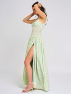 Ulissa Light Green Square Neck Trendy Jacquard Textured High Slit Maxi Dress Dresses