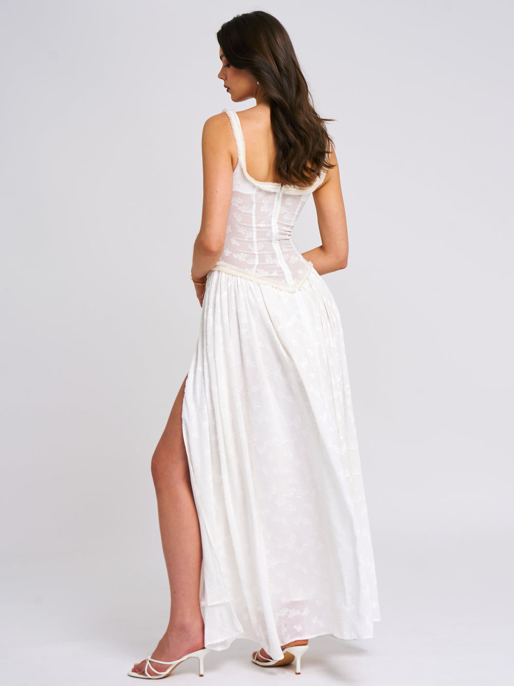 Ulissa White Square Neck Jacquard Trendy Textured High Slit Maxi Dress Dresses