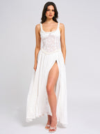Ulissa White Square Neck Jacquard Trendy Textured High Slit Maxi Dress XL / US 12 14 Dresses