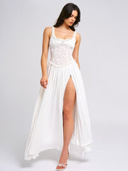 Ulissa White Square Neck Jacquard Trendy Textured High Slit Maxi Dress XXS / US Dresses