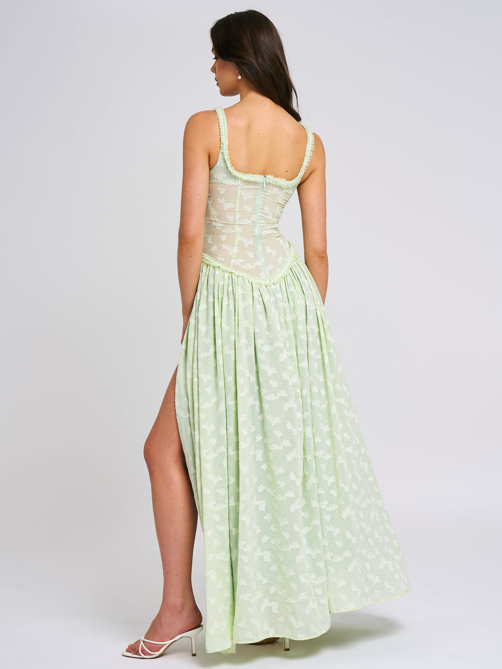 Ulissa Light Green Square Neck Trendy Jacquard Textured High Slit Maxi Dress Dresses