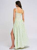 Ulissa Light Green Square Neck Trendy Jacquard Textured High Slit Maxi Dress Dresses