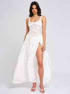Ulissa White Square Neck Jacquard Trendy Textured High Slit Maxi Dress Dresses
