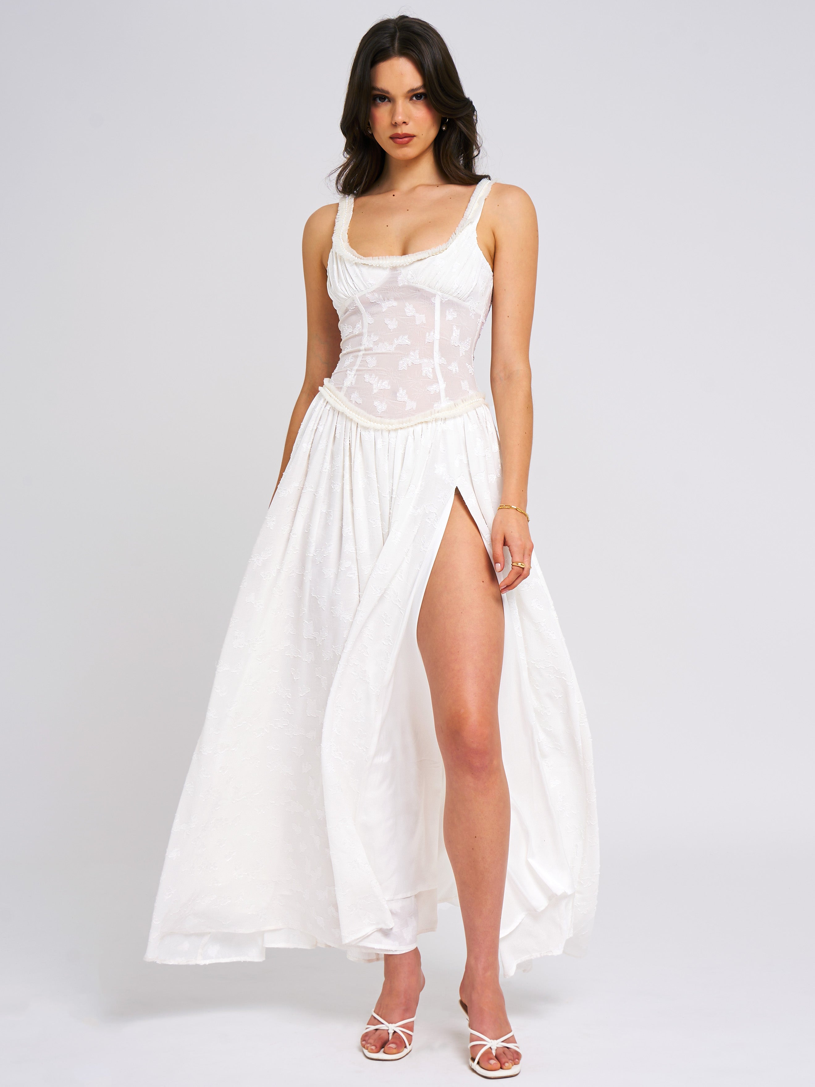 Ulissa White Square Neck Jacquard Trendy Textured High Slit Maxi Dress Dresses