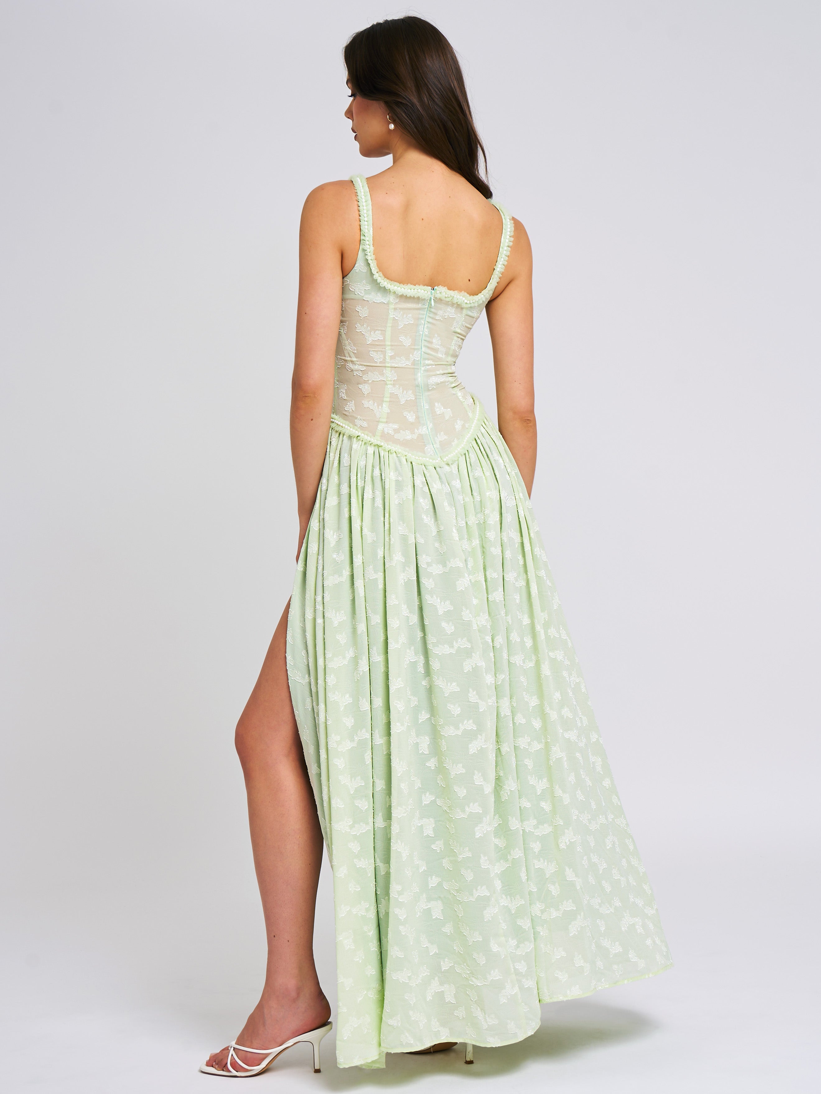 Ulissa Light Green Square Neck Trendy Jacquard Textured High Slit Maxi Dress Dresses