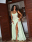 Ulissa Light Green Square Neck Trendy Jacquard Textured High Slit Maxi Dress S / US 4 6 Dresses