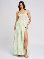 Ulissa Light Green Square Neck Trendy Jacquard Textured High Slit Maxi Dress L / US 10 12 Dresses