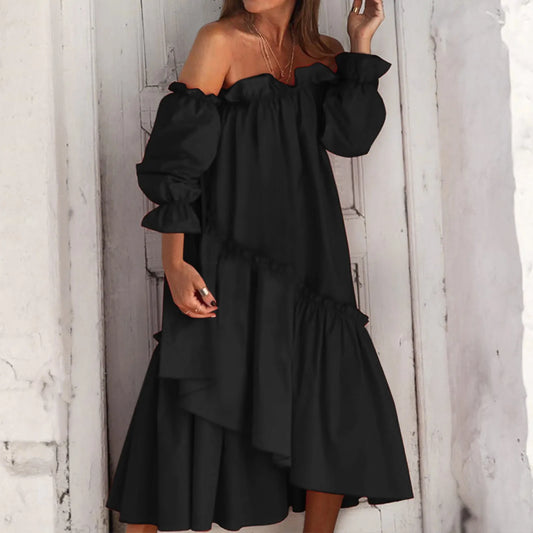 Asymmetrical Loose Irregular Ruffles Long Sleeve Bohemian Beach Midi Dress