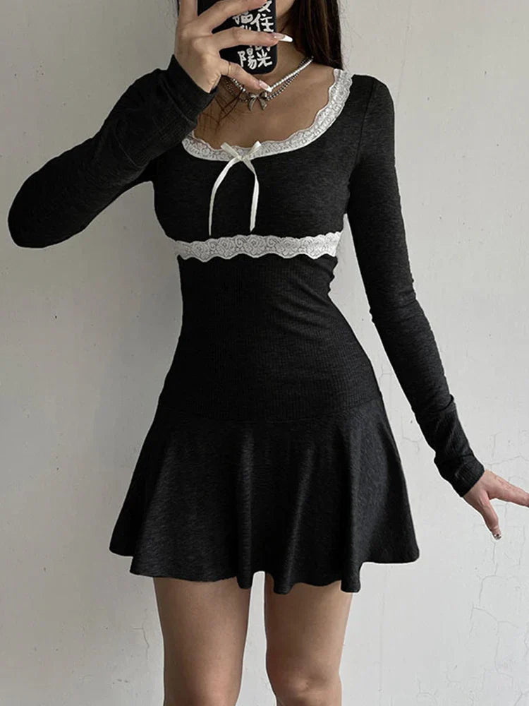 Autumn Sexy Mini Streetwear Black Lace Patchwork Bodycon Club Elegant Party A Line Dress Black / S