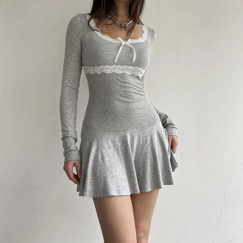 Autumn Sexy Mini Streetwear Black Lace Patchwork Bodycon Club Elegant Party A Line Dress