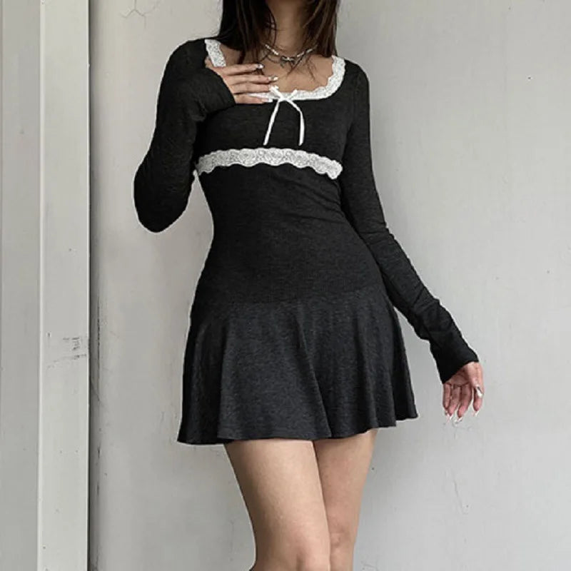 Autumn Sexy Mini Streetwear Black Lace Patchwork Bodycon Club Elegant Party A Line Dress