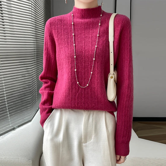 Autumn Winter Ladies' New Beautiful Slave Pure Wool Semi-High Collar Solid Color Sweater