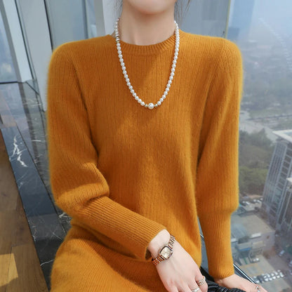 Autumn Winter New Women's Mink Cashmere Crewneck Knitted Skirt Fashion Stripes Warm Sweater