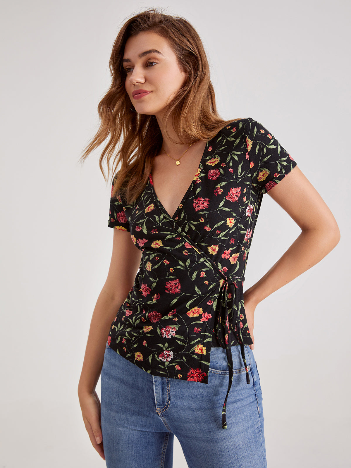 V-Neck Floral Graceful Wrap Tie Top