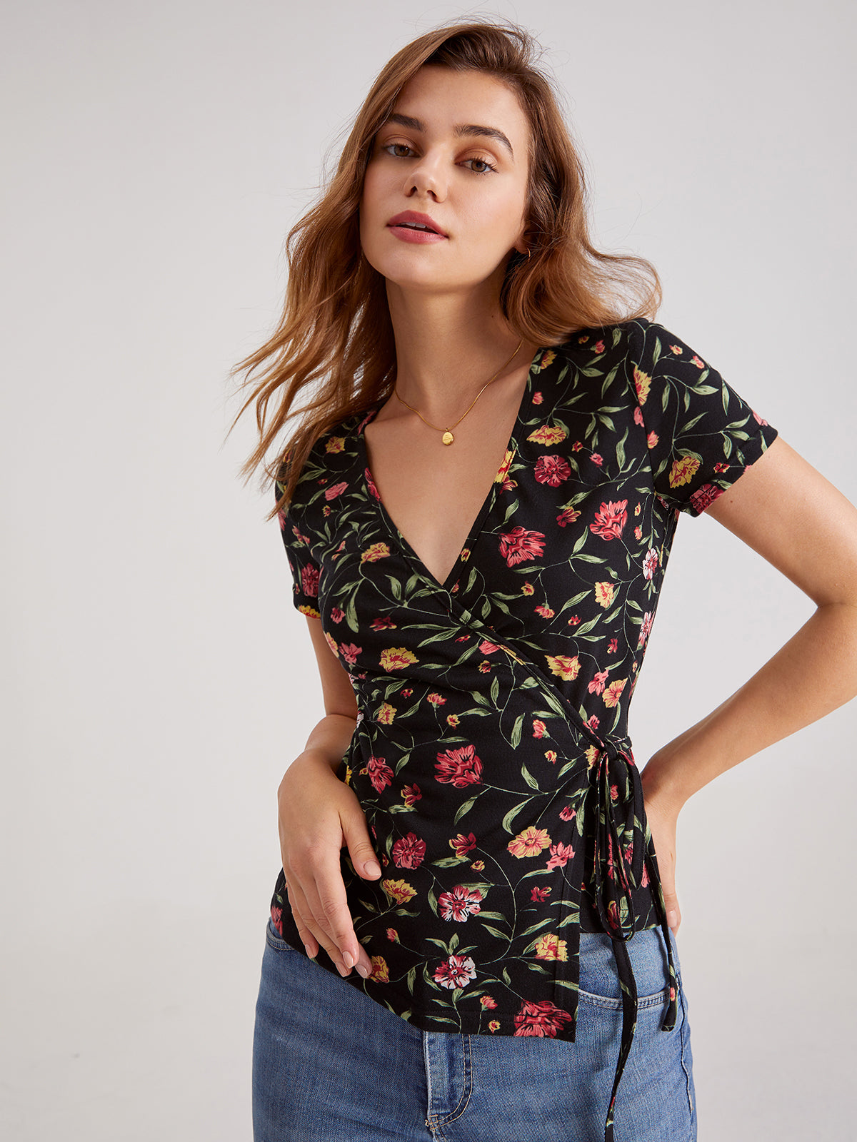 V-Neck Floral Graceful Wrap Tie Top