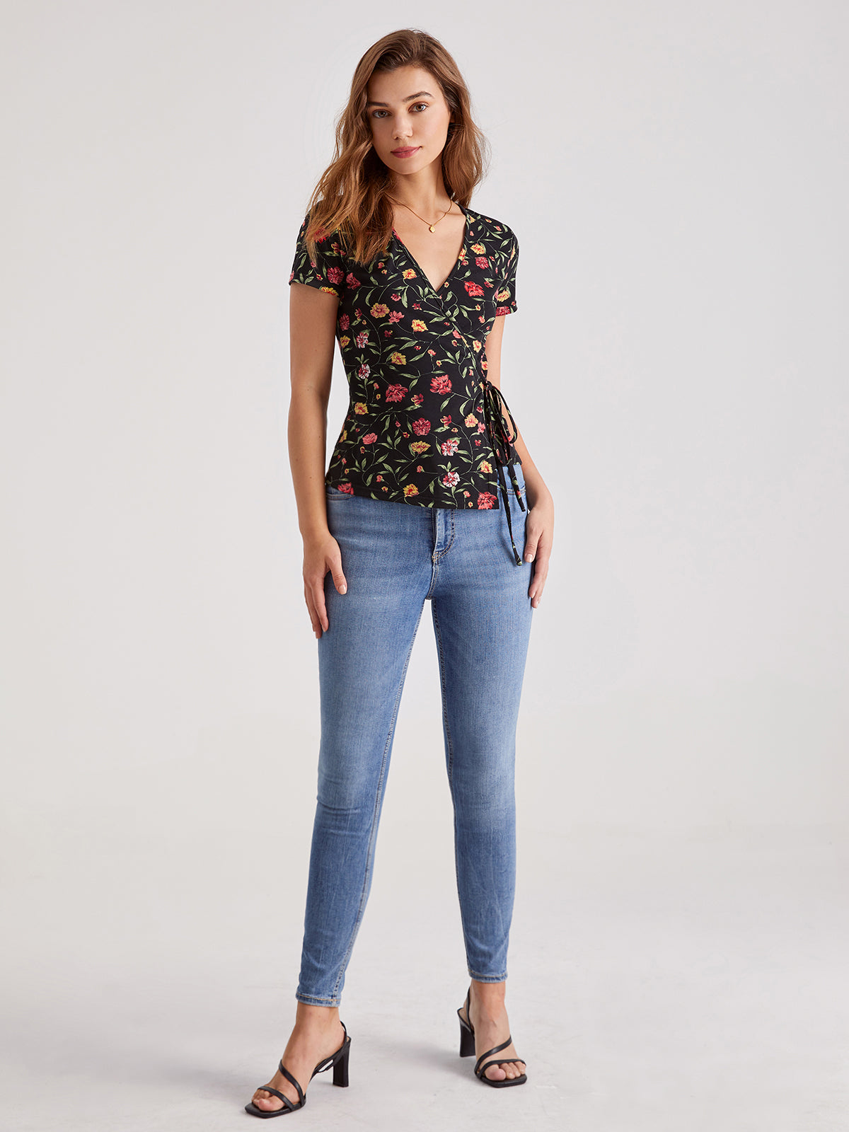 V-Neck Floral Graceful Wrap Tie Top