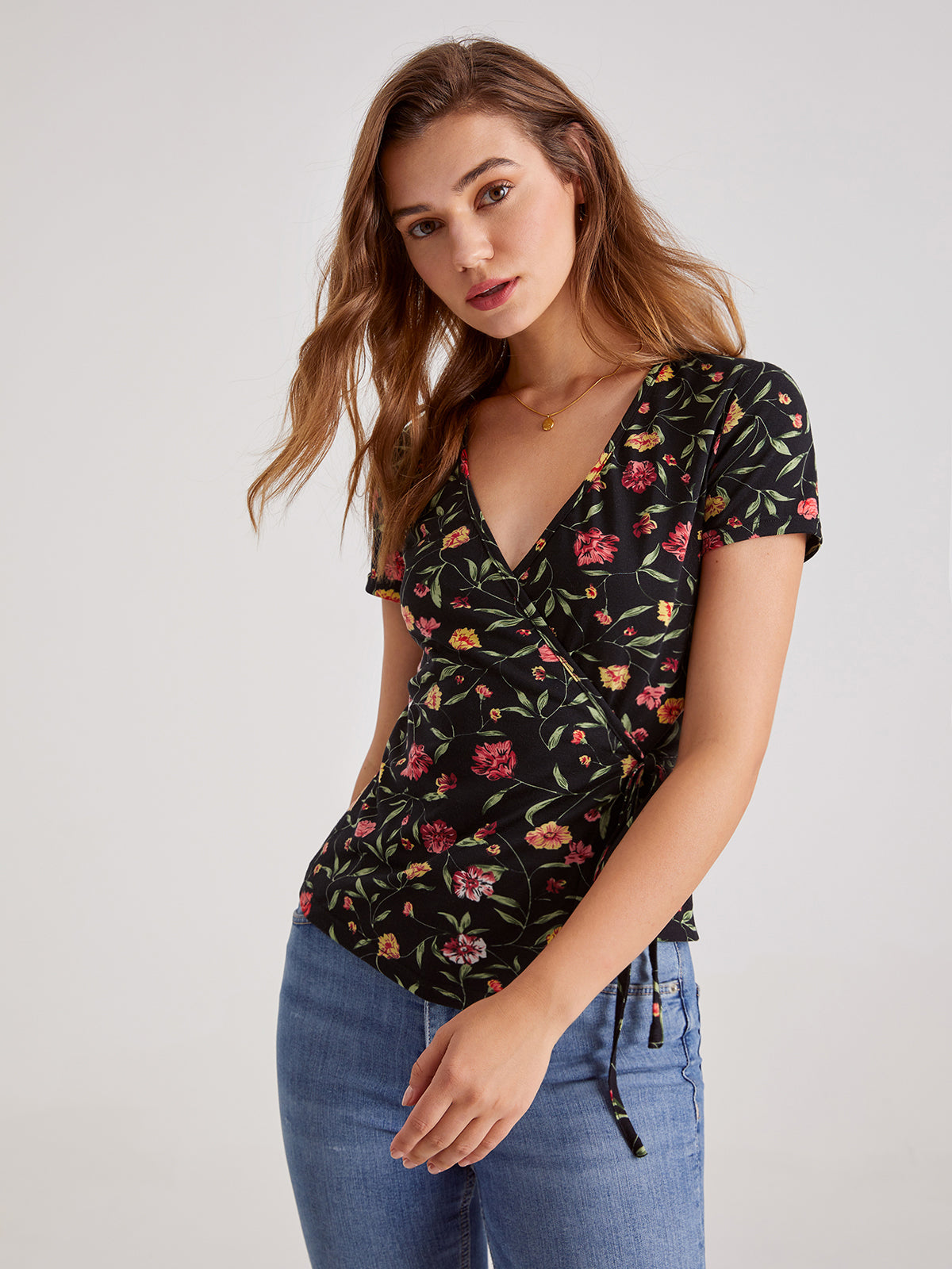 V-Neck Floral Graceful Wrap Tie Top