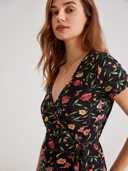 V-Neck Floral Graceful Wrap Tie Top