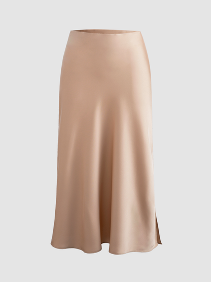 Creamy Cappuccino Graceful Satin Midi Skirt