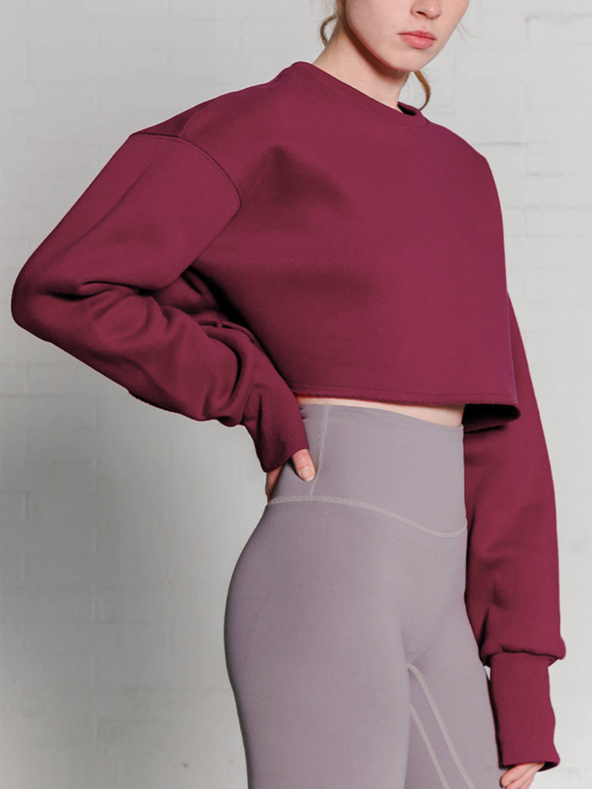 Fleece Lined Graceful Solid Cropped Sweatshirt Burgundy / S Sweatshirts Main image