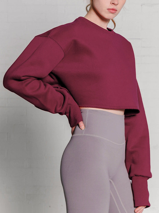 Fleece Lined Graceful Solid Cropped Sweatshirt Burgundy / S Sweatshirts Main image