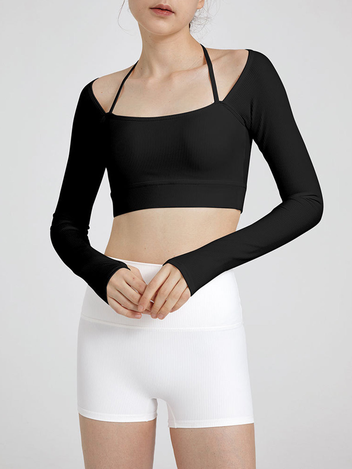 Halter Square Neck Trendy Cropped Ribbed Shirt