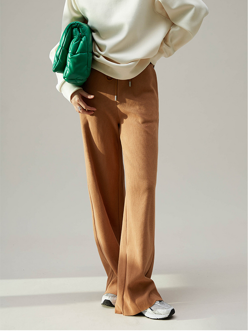 Camel Drawstring Ribbed Trendy Wide Leg Pants Pants