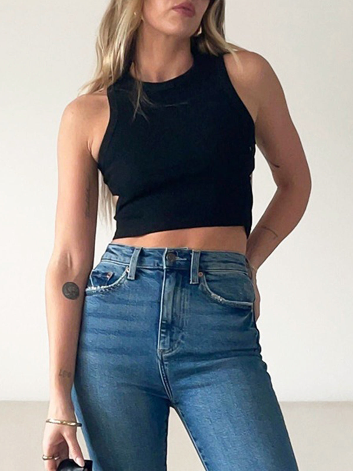 Solid Back Cutout Trendy Crop Tank Top