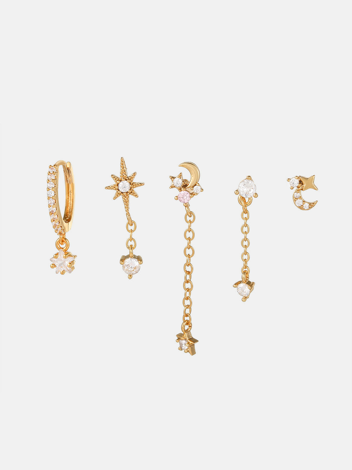 Stars and Graceful Moon Earrings 5 Pieces Gold / One Size Earrings