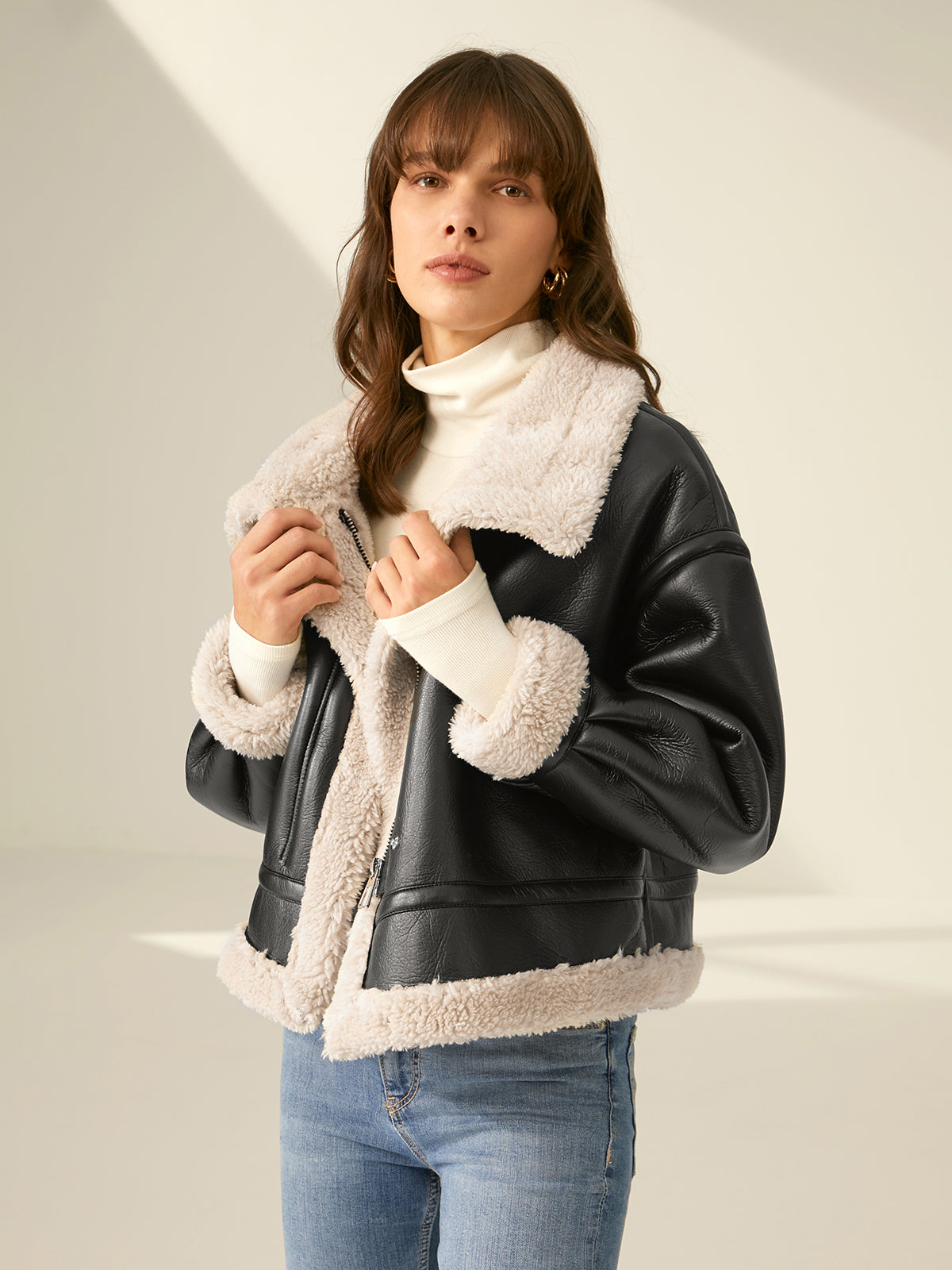 Sherpa Lined Shearling Trendy Leather Flight Jacket