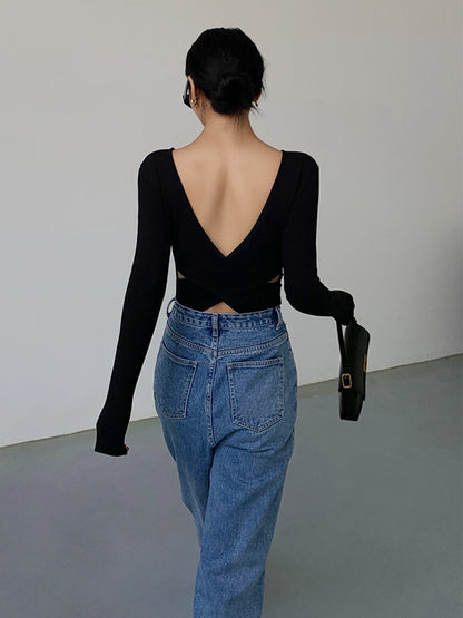 V-Shape Open Back Trendy Long Sleeve Shirt