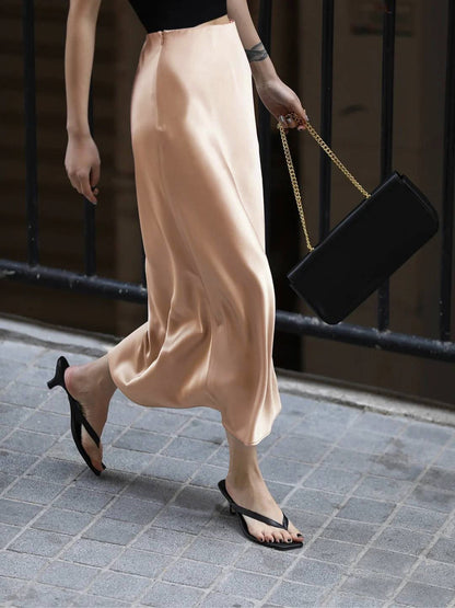 Creamy Cappuccino Graceful Satin Midi Skirt