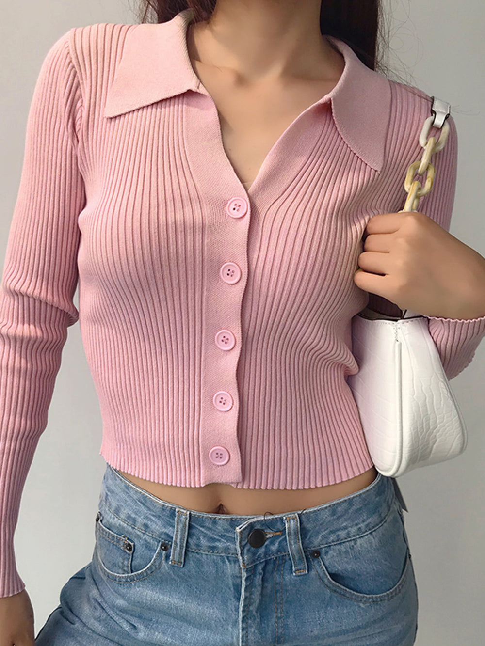 Button Up Graceful Collared Cardigan Sweaters L